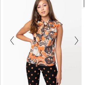 Unique Vintage Retrolicious Scaredy Cat Orange Black Halloween Print Blouse